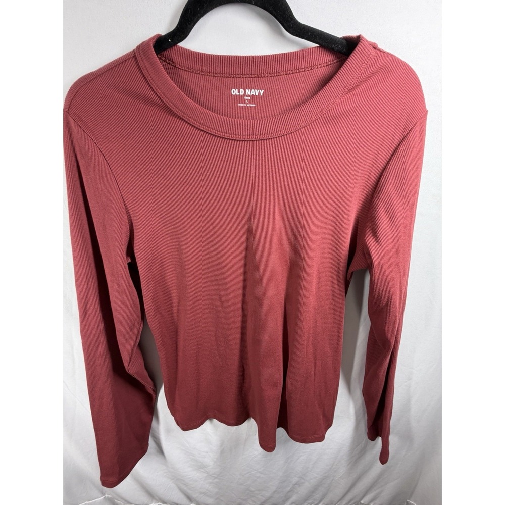 Old Navy Snug Ribbed Long Sleeve Tee Shirt Large L Rust Red Burgundy Crew Neck